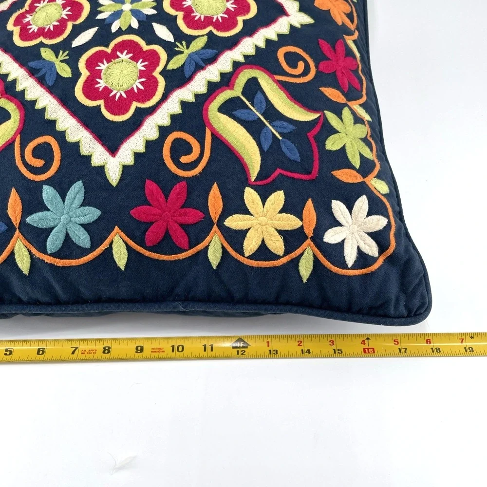 Pottery Barn Romanian Heavily Embroidered Feather Pillow 18x18 Floral Navy‎ Blue
